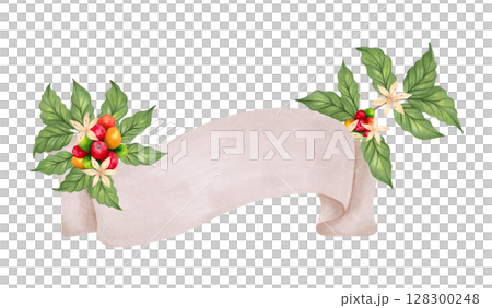 Empty ribbon with coffee tree branch with berries, flower. Watercolor banner illustration. Hand drawn isolated art. International coffee day. Curved empty strip for inscriptions. Template for message. 128300248