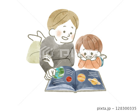 本を読んでいる親子-水彩 128300335