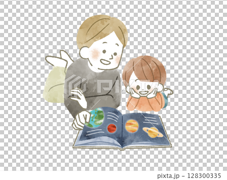 本を読んでいる親子-水彩 128300335