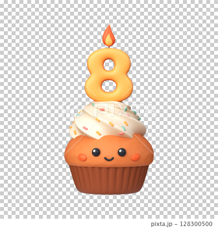 Cute 3D birthday cupcake with candle and number 8 Cute 3D birthday cupcake with candle and number 8 128300500