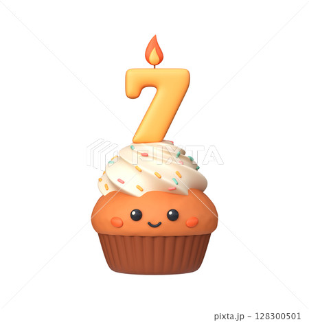 Cute 3D birthday cupcake with candle and number 7 Cute 3D birthday cupcake with candle and number 7 128300501