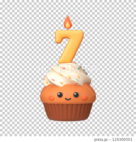 Cute 3D birthday cupcake with candle and number 7 Cute 3D birthday cupcake with candle and number 7 128300501