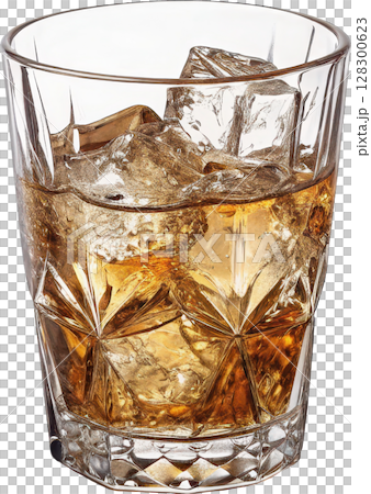 Elegant crystal whiskey glass with ice cubes 128300623
