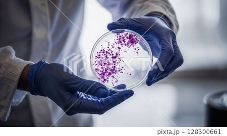 Gloved hands holding petri dish with purple bacteria Gloved hands holding petri dish with purple bacteria 128300661