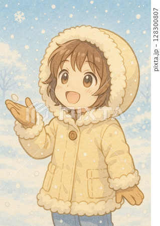 雪の日 アニメ風 大きな笑顔 128300807