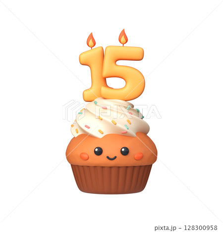 Cute 3D birthday cupcake with candle and number 15 Cute 3D birthday cupcake with candle and number 15 128300958