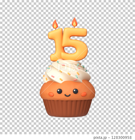 Cute 3D birthday cupcake with candle and number 15 Cute 3D birthday cupcake with candle and number 15 128300958