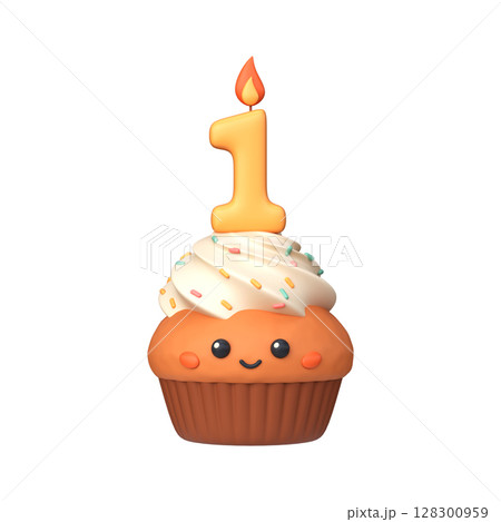 Cute 3D birthday cupcake with candle and number 1 Cute 3D birthday cupcake with candle and number 1 128300959