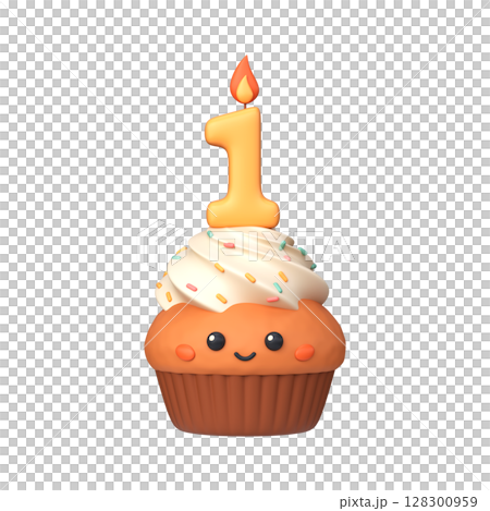 Cute 3D birthday cupcake with candle and number 1 Cute 3D birthday cupcake with candle and number 1 128300959