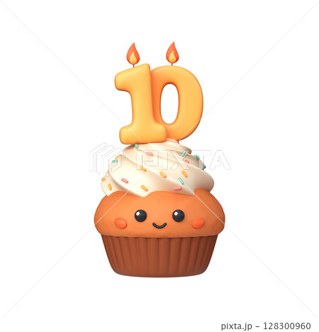 Cute 3D birthday cupcake with candle and number 10 Cute 3D birthday cupcake with candle and number 10 128300960