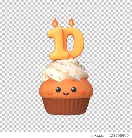 Cute 3D birthday cupcake with candle and number 10 Cute 3D birthday cupcake with candle and number 10 128300960
