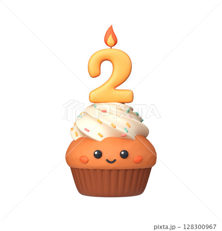 Cute 3D birthday cupcake with candle and number 2 128300967