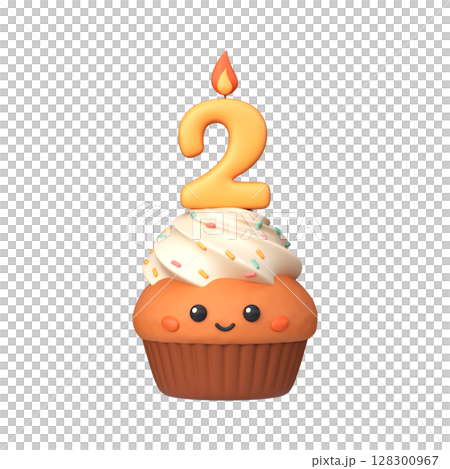 Cute 3D birthday cupcake with candle and number 2 128300967