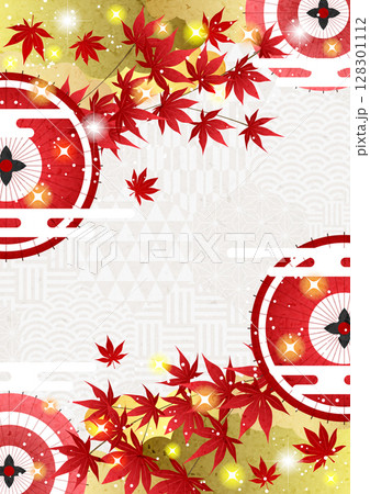 赤い和傘と紅葉背景、和風、かわいい、縦 赤い和傘と紅葉背景、和風、かわいい、縦 128301112