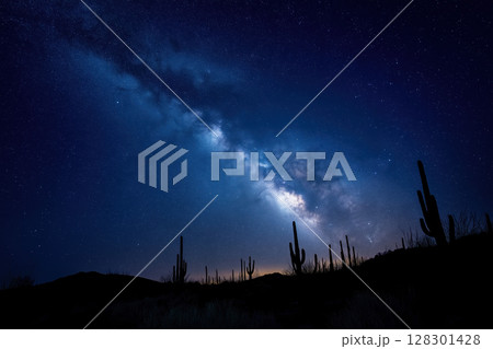 Desert landscape night sky Milky Way silhouette cactus serene starry dramatic 128301428
