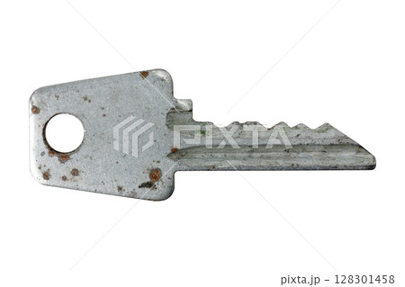 Old rusty key on white background, isolated and weathered. 128301458