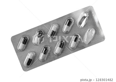 Blister pack of capsules isolated on white background. Blister pack of capsules isolated on white background. 128301482