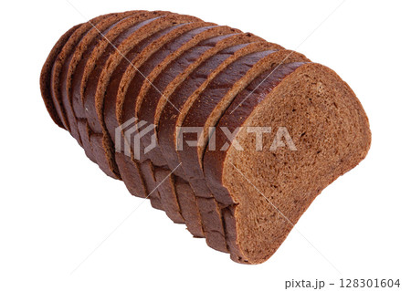 Sliced rye bread isolated on white background, showing texture. Sliced rye bread isolated on white background, showing texture. 128301604