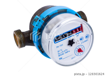 Water meter with blue accents and numeric reading display. 128301624