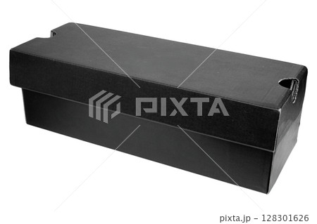 Black shoe box with a lid on a white background. 128301626