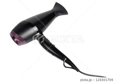 Black hairdryer isolated on white. Black hairdryer isolated on white. 128301709