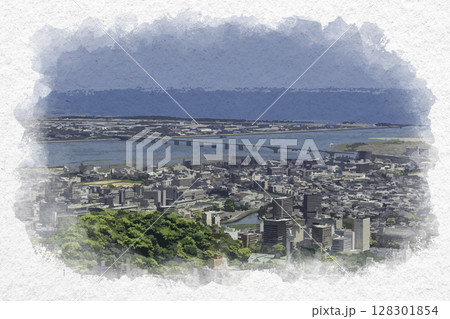 水彩画風　徳島市街地　阿波しらさぎ大橋　徳島県徳島市 128301854