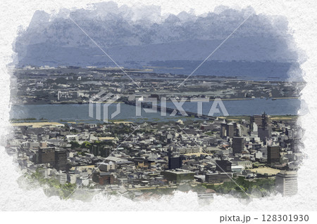 水彩画風 徳島市街地 吉野川大橋 徳島県徳島市 水彩画風 徳島市街地 吉野川大橋 徳島県徳島市 128301930