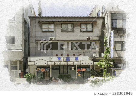水彩画風 徳島市街地 新町温泉 徳島県徳島市 水彩画風 徳島市街地 新町温泉 徳島県徳島市 128301949