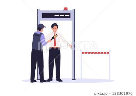 Security Guard Scanning Person at Checkpoint Gate Security Guard Scanning Person at Checkpoint Gate 128301976