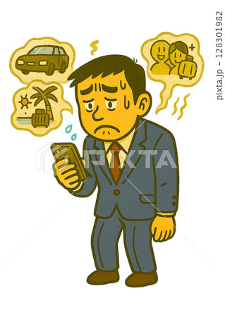 SNSで他人と比較して落ち込む男性、スマホで見る幸せな投稿に落胆、羨望と現実のギャップに悩む日常 128301982