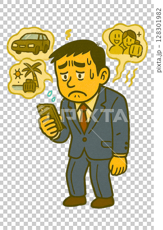 SNSで他人と比較して落ち込む男性、スマホで見る幸せな投稿に落胆、羨望と現実のギャップに悩む日常 128301982