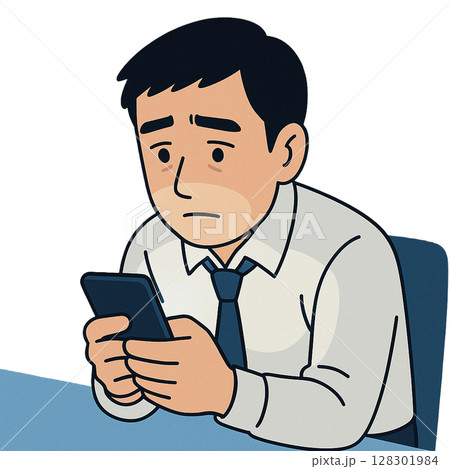 SNSの内容に不安を感じるビジネスマン、スマホの通知を見て沈んだ表情のサラリーマン、不安げな表情でス 128301984