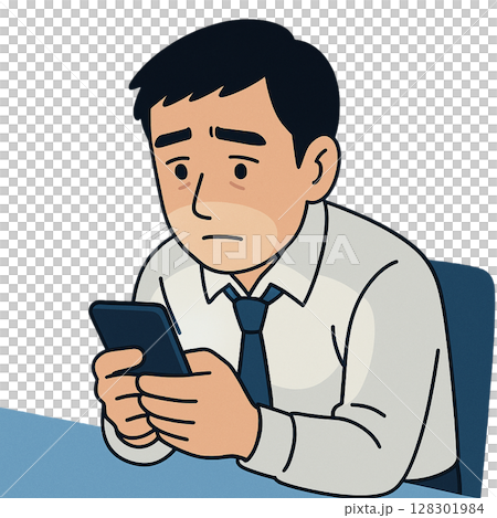 SNSの内容に不安を感じるビジネスマン、スマホの通知を見て沈んだ表情のサラリーマン、不安げな表情でス 128301984