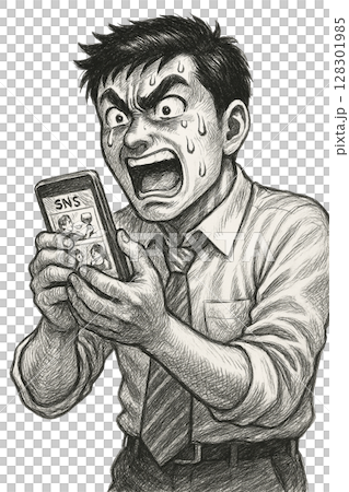 An office worker explodes with anger at information on social media, a businessman becomes upset and sweats after receiving a notification on his smartphone, An office worker explodes with anger at information on social media, a businessman becomes upset and sweats after receiving a notification on his smartphone, 128301985