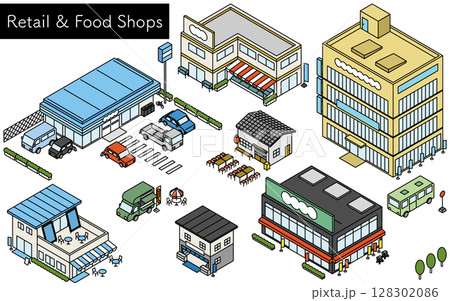 コンビニやスーパーなど店舗外観セット、シンプルな線画のアイソメトリックイラスト コンビニやスーパーなど店舗外観セット、シンプルな線画のアイソメトリックイラスト 128302086