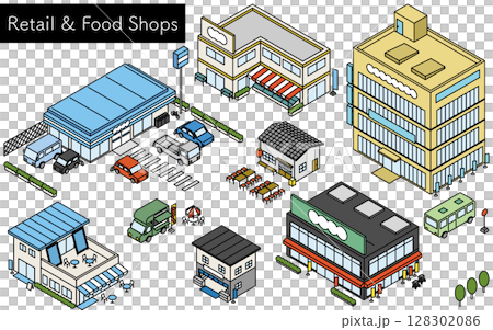 コンビニやスーパーなど店舗外観セット、シンプルな線画のアイソメトリックイラスト コンビニやスーパーなど店舗外観セット、シンプルな線画のアイソメトリックイラスト 128302086