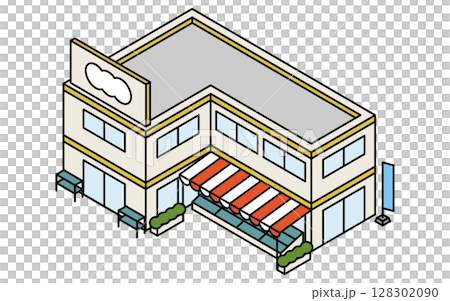 2階建てのスーパーやドラッグストアのイメージ、シンプルな線画のアイソメトリックイラスト 128302090