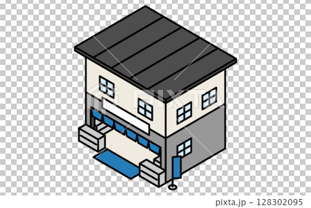 のれんがかかった個人商店、シンプルな線画のアイソメトリックイラスト 128302095