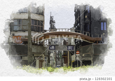 水彩画風　徳島市街地　通町　徳島県徳島市 128302101