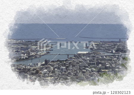 水彩画風　徳島市街地　新町川河口周辺　徳島県徳島市 128302123