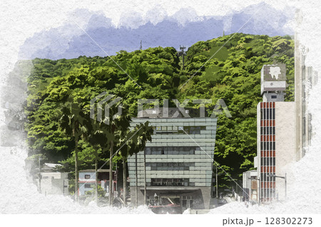 水彩画風　徳島市街地　阿波おどり会館　徳島県徳島市 128302273