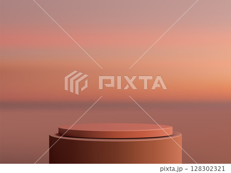minimalist terracotta product display mockup with cylindrical podium and serene sunset or sunrise gradient background for branding and cosmetic showcase design templates 128302321