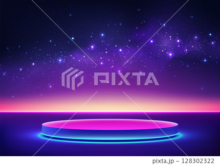 futuristic technology abstract background with neon pink and blue glowing podium under starry night sky vibrant cosmic landscape sci fi product display template for mockup and showroom scene 128302322
