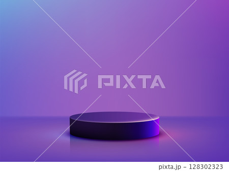 product display mockup with black cylindrical podium glowing pink blue light on vibrant gradient background for modern branding, abstract showcase, technology and advertising concept 128302323