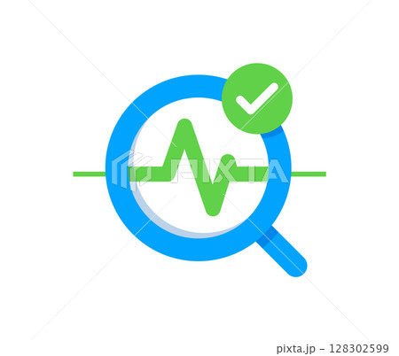 magnifying glass with a waveform graph and check mark. health tool app. concepts of health tracking, medical diagnostics, fitness analysis magnifying glass with a waveform graph and check mark. health tool app. concepts of health tracking, medical diagnostics, fitness analysis 128302599