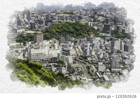 水彩画風 徳島市街地 城山周辺 徳島県徳島市 水彩画風 徳島市街地 城山周辺 徳島県徳島市 128302626
