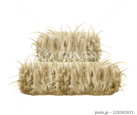 Watercolor haystack pile hand drawn illustration isolated on white. Village farm hayloft landscape design for feeding of livestock animals. Agriculture clip art. Straw pyramid bunch Watercolor haystack pile hand drawn illustration isolated on white. Village farm hayloft landscape design for feeding of livestock animals. Agriculture clip art. Straw pyramid bunch 128302815