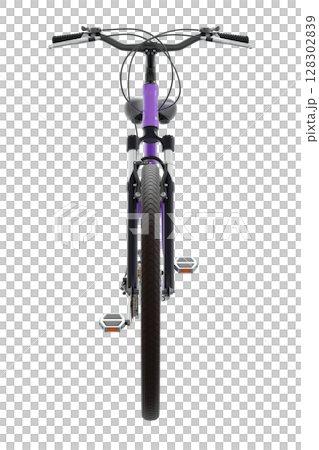 Purple bicycle, front view. Black leather saddle and handles. Png clipart isolated on transparent background 128302839