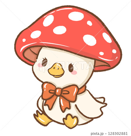 Cute hand drawn kawaii silly goose wearing a mushroom as a hat whimsical forest illustration perfect for fairy tale themes magical nature designs children books stickers stationery and crafts Cute hand drawn kawaii silly goose wearing a mushroom as a hat whimsical forest illustration perfect for fairy tale themes magical nature designs children books stickers stationery and crafts 128302881