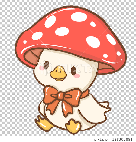 Cute hand drawn kawaii silly goose wearing a mushroom as a hat whimsical forest illustration perfect for fairy tale themes magical nature designs children books stickers stationery and crafts Cute hand drawn kawaii silly goose wearing a mushroom as a hat whimsical forest illustration perfect for fairy tale themes magical nature designs children books stickers stationery and crafts 128302881